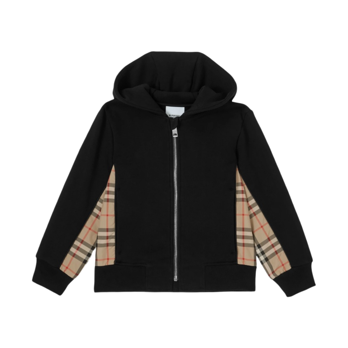 8060951 (Kids) Burberry Check Panel Cotton Zip Hoodie Black