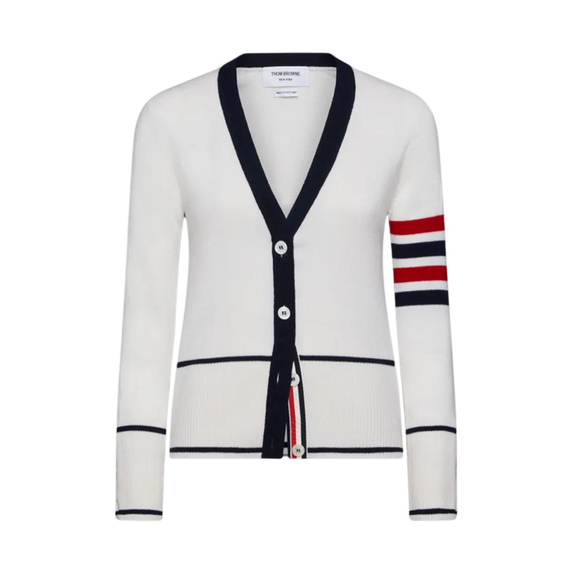 FKC583B-Y2001-100 (W) Thom Browne Classic Cashmere 4-Bar V-Neck Cardigan White