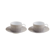 Hermes Mosaique Au 24 Tea Cup & Saucer Platinum (Set of 2)