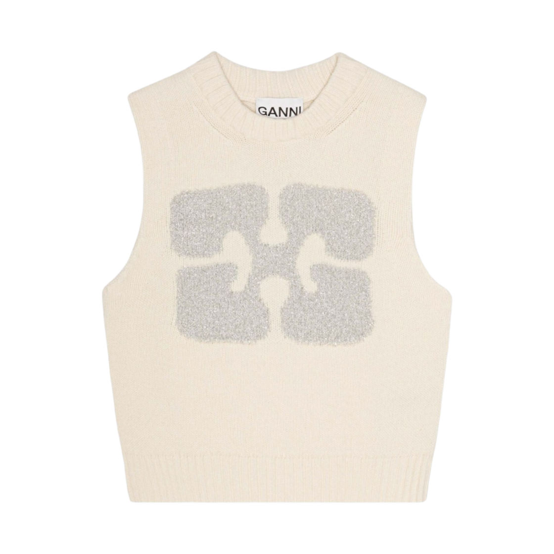 (W) 가니 화이트 그래픽 울 믹스 베스트 에그렛((W) Ganni White Graphic Wool Mix Vest Egret)