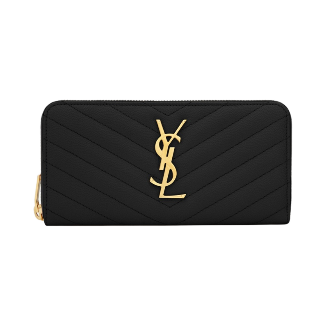 생로랑 그랑 드 뿌드르 엠보스드 레더 카산드라 마틀라세 지퍼 어라운드 지갑 블랙 골드(Saint Laurent Cassandre Matelasse Zip Around Wallet in Grain De Poudre Embossed Leather Black Gold)