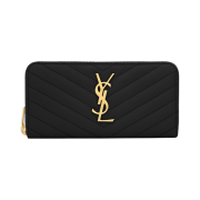Saint Laurent Cassandre Matelasse Zip Around Wallet in Grain De Poudre Embossed Leather Black Gold