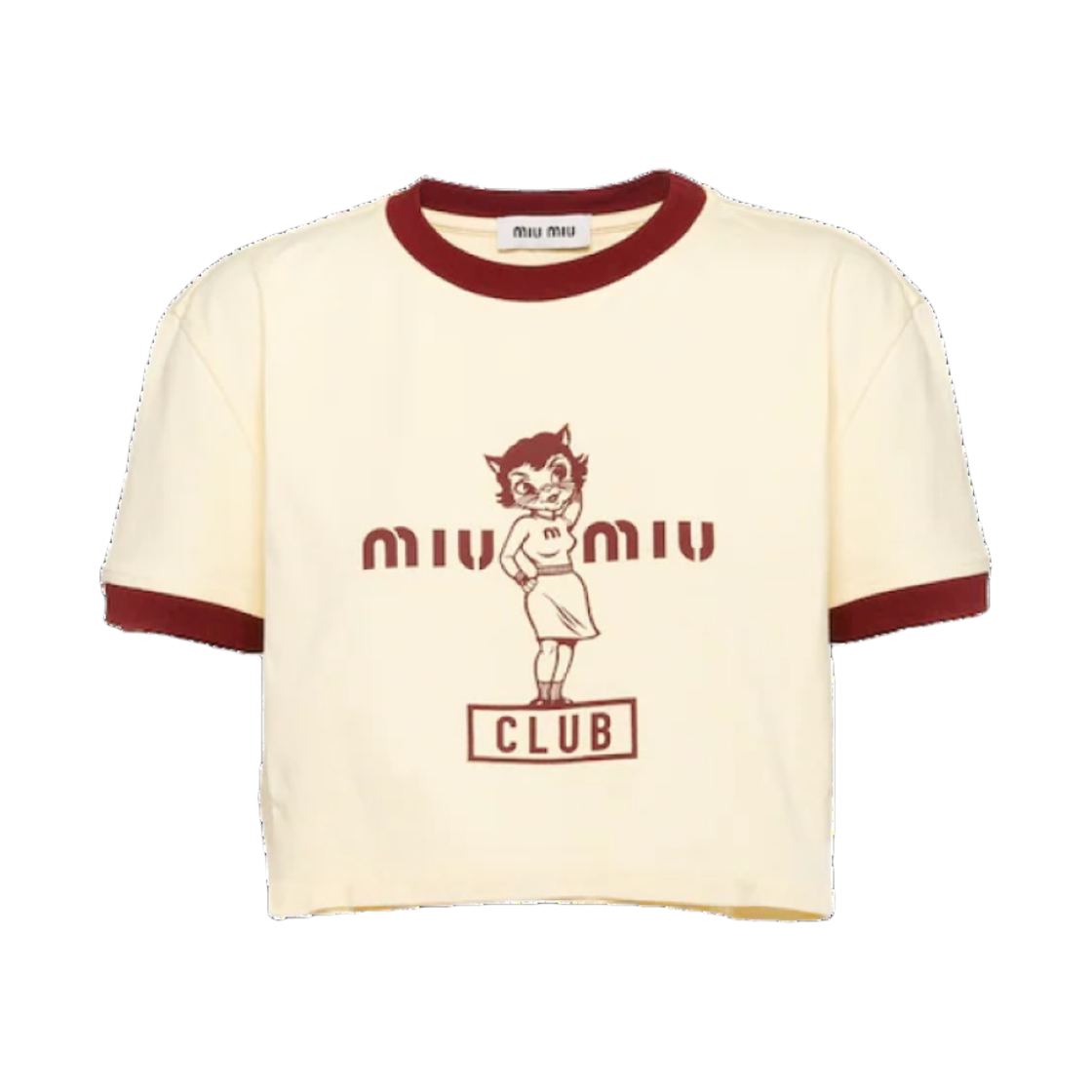 (W) 미우 미우 프린트 코튼 티셔츠 바닐라 버건디((W) Miu Miu Print Cotton T-Shirt Vanilla Burgundy) - 1