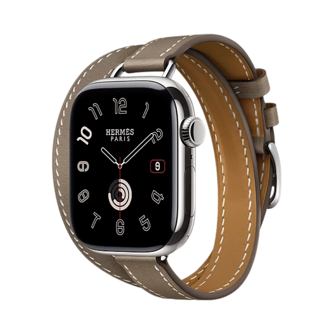애플 워치 10 에르메스 42mm 티타늄 케이스 스위프트 카프스킨 아뜰라주 더블 투어 에뚜쁘 (국내 정식 발매 상품)(Apple Watch Hermes Series 10 42mm Titanium Case with Swift Calfskin Attelage Double Tour Etoupe (Korean Ver.)) - 1