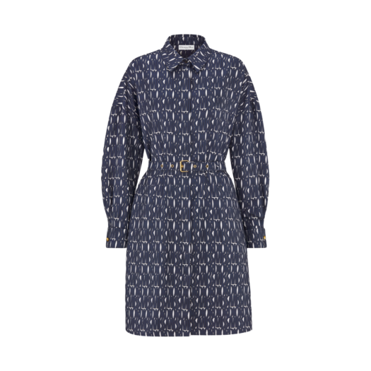 (W) Dior Silk Twill with Miss Dior Allover Motif Belted Shirtdress White Navy Blue