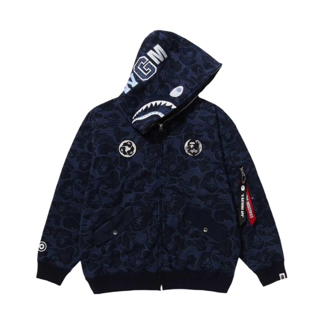 베이프 x 알파 인더스트리 샤크 풀 집 후드 네이비