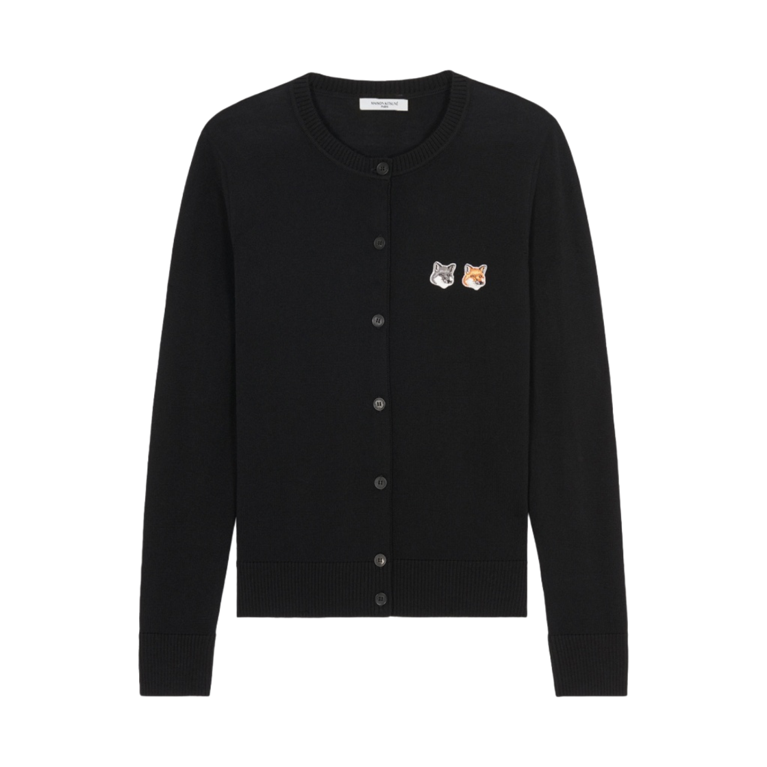 (W) 메종 키츠네 더블 폭스 헤드 패치 라운드넥 가디건 블랙((W) Maison Kitsune Double Fox Head Patch R-Neck Cardigan Black)