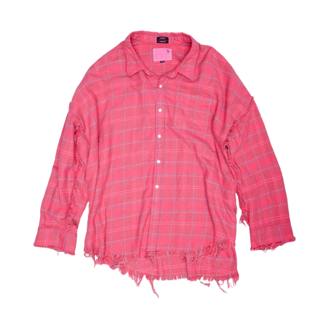 (W) R13 슈레디드 심 드롭 넥 셔츠 라즈베리 오버다이드 플레이드((W) R13 Shredded Seam Drop Neck Shirt Raspberry Overdyed Plaid)