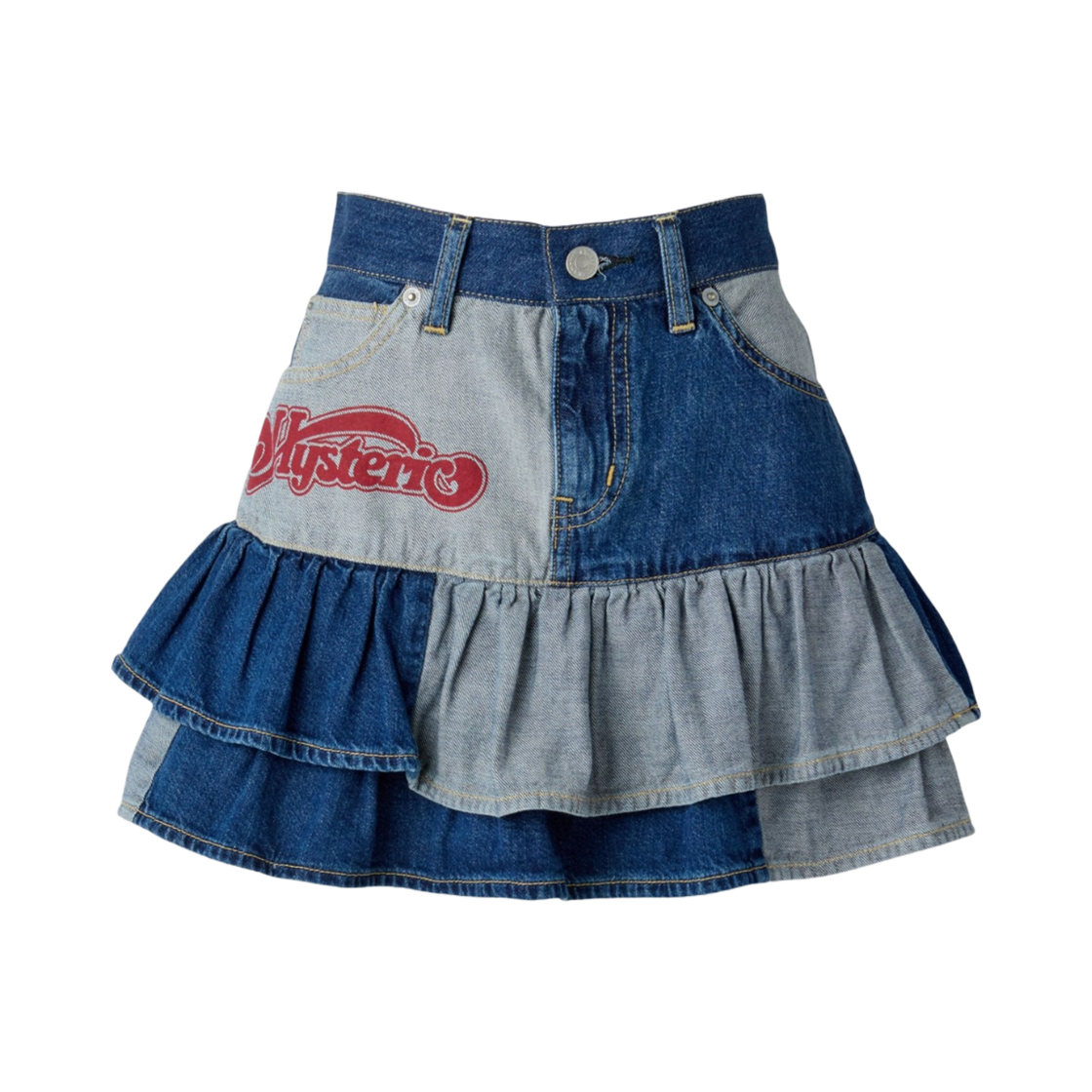 (W) 히스테릭 글래머 롤링 하트 스크래치드 프릴 스커트 라이트 인디고 블루((W) Hysteric Glamour Rolling Heart Scratched Frill Skirt Light Indigo Blue) - 1
