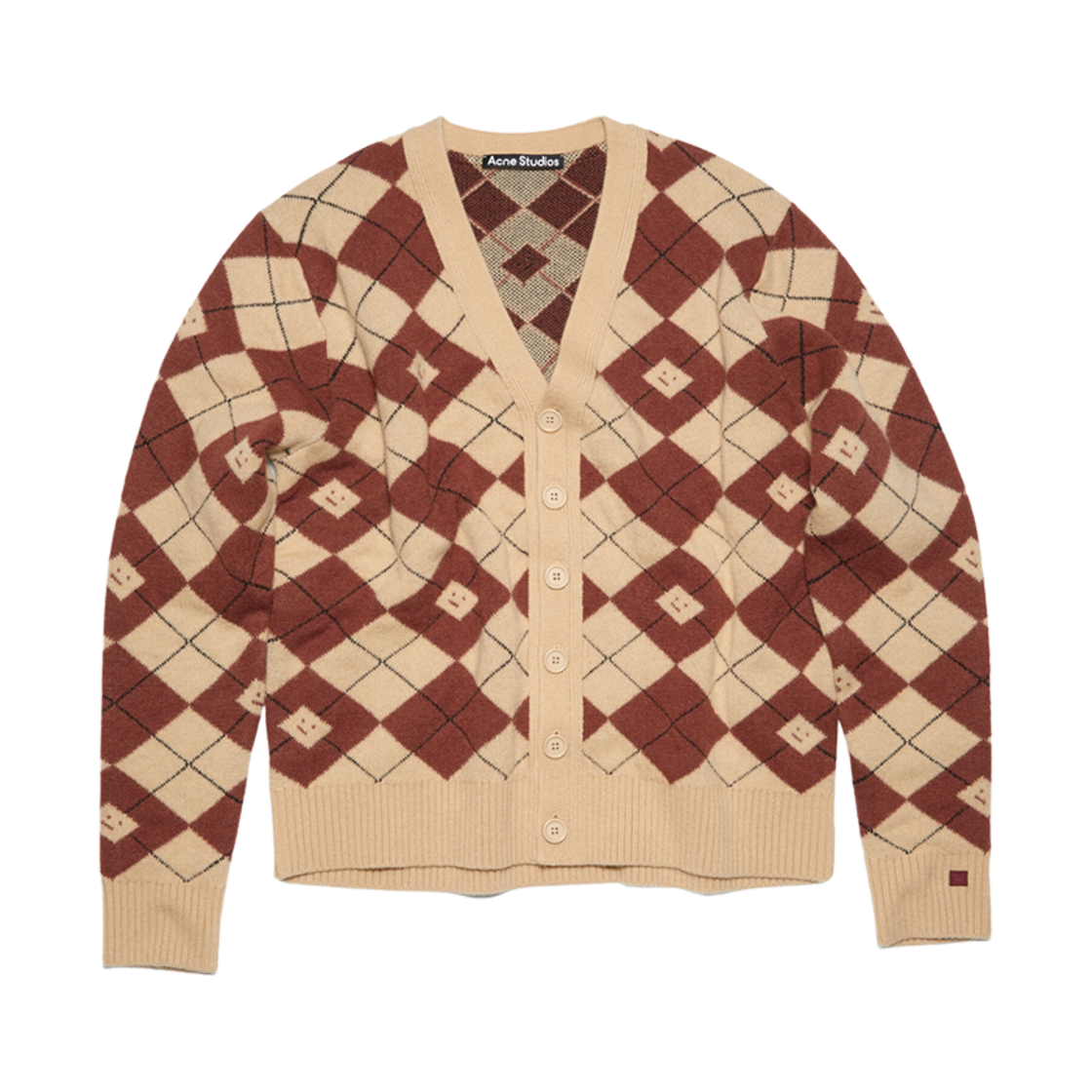C60084-DKE (W) Acne Studios Argyle Jacquard Cardigan Biscuit Beige Deep Red