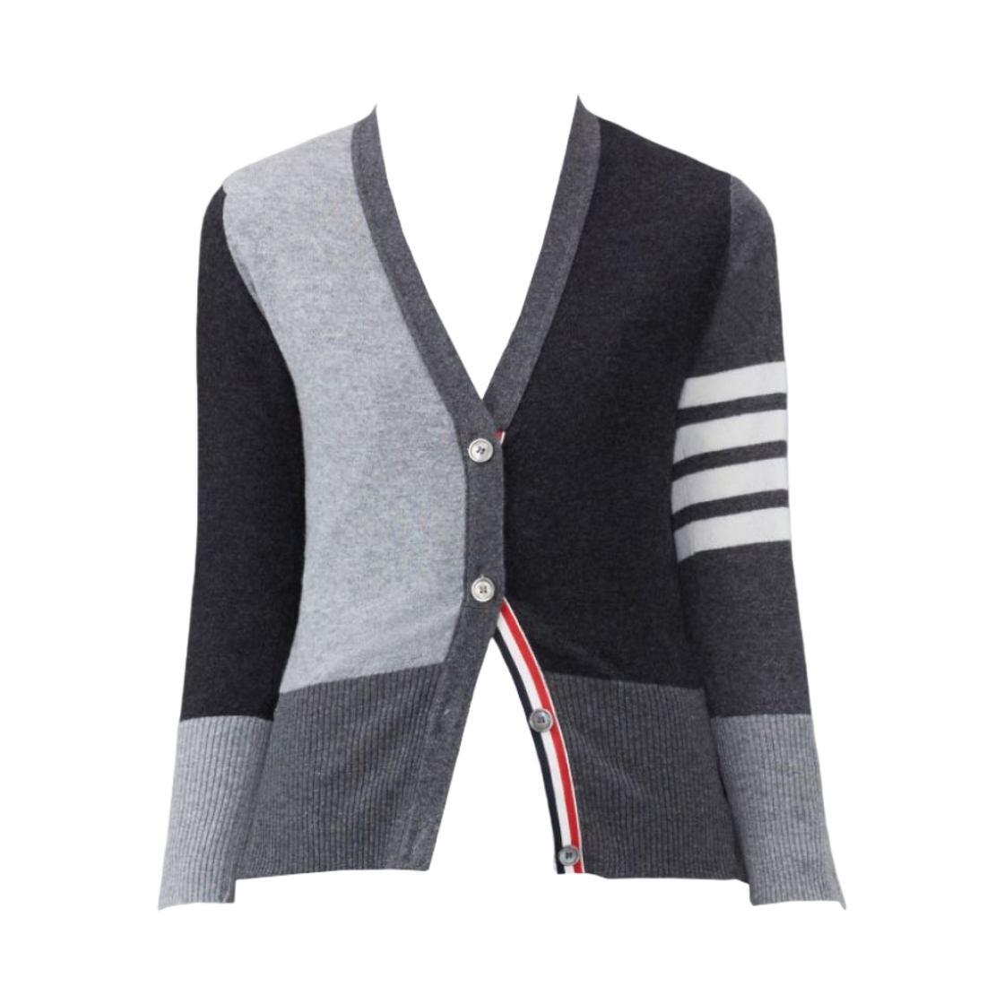 FKC001F-00011-982 (W) Thom Browne Fun-Mix Cashmere 4-Bar V-Neck Cardigan Tonal Grey