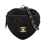 Chanel Heart Zipped Coin Purse Necklace Lambskin & Gold Black