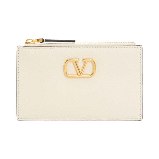 Valentino Vlogo Signature Grainy Calfskin Card Holder with Zip Ivory