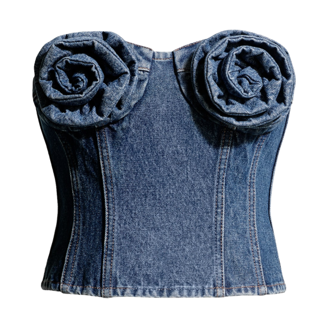 1261911001 (W) H&M x Magda Butrym Rose Applique Denim Bustier Top Denim Blue