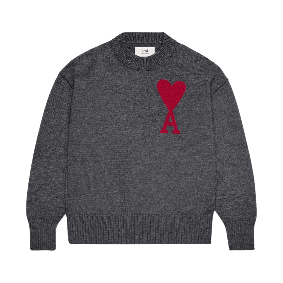 BF/UKS006-018-084 AMI De Coeur Felted Merino Wool Sweater Heather Grey Red