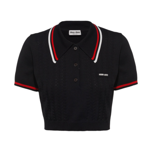 (W) Miu Miu Silk Cotton Knit Polo Shirt Black
