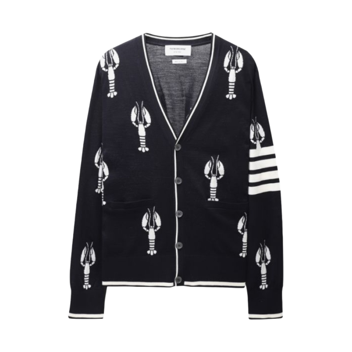 톰브라운 랍스터 메리노 사선 릴렉스드 브이넥 가디건 네이비(Thom Browne Lobster Merino 4-Bar Relaxed V-Neck Cardigan Navy) - 1