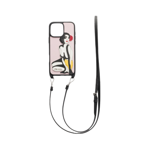 2ZH211-2A70-F0E18 Prada Saffiano and Crocodile Leather Cover For iPhone 16 Pro Max with Shoulder Strap Alabaster Pink