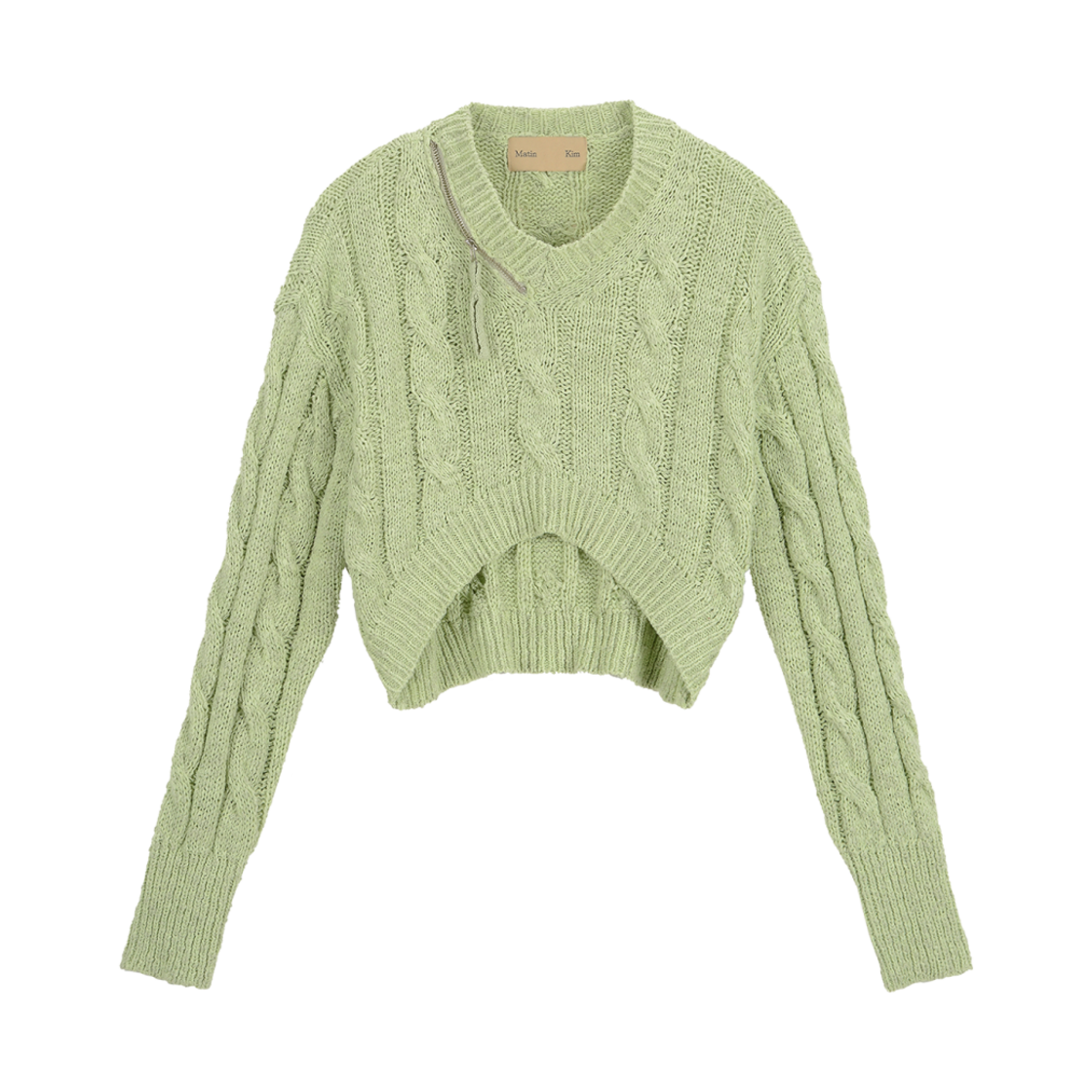 마뗑킴 브이넥 집 크롭 니트 풀오버 라임(Matin Kim V Neck Zip Crop Knit Pullover Lime) - 1