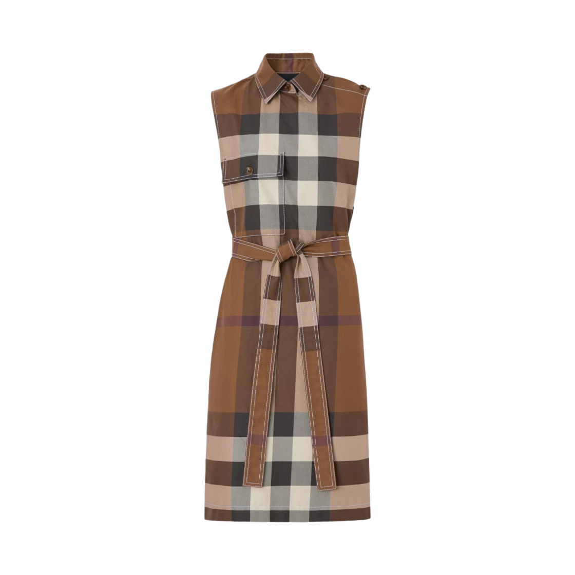 (W) 버버리 슬리브리스 이그재저레이트 체크 코튼 셔츠 드레스 다크 버치 브라운((W) Burberry Sleeveless Exaggerated Check Cotton Shirt Dress Dark Birch Brown) - 1