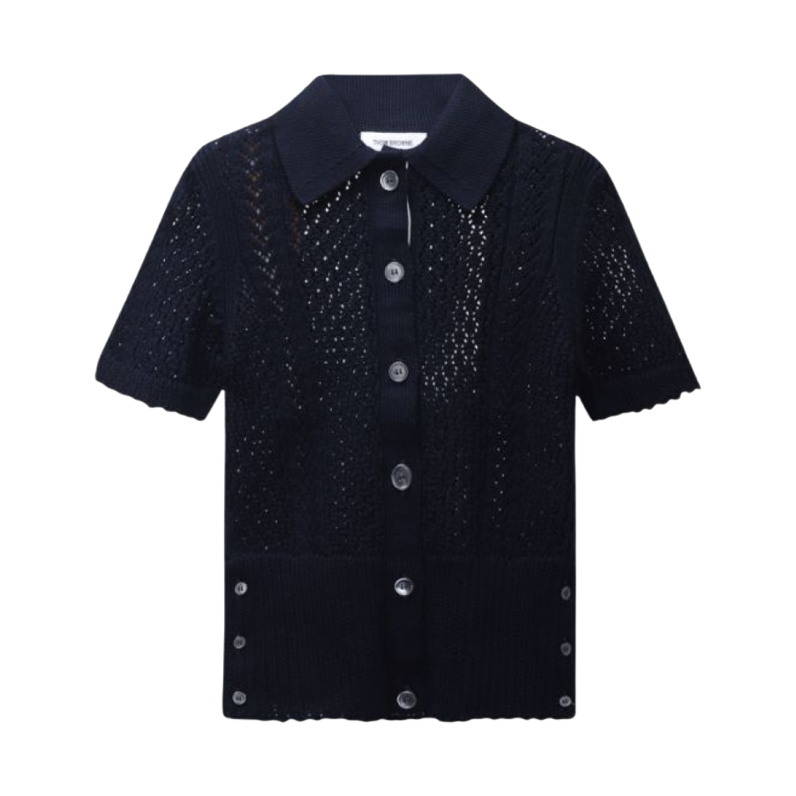 (W) 톰브라운 코튼 믹스드 포인텔 케이블 니트 숏슬리브 폴로 가디건 네이비((W) Thom Browne Cotton Mixed Pointelle Cable Knit Short Sleeve Polo Cardigan Navy) - 1