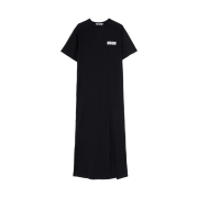(W) MSGM Long Cotton Dress with Side Slit and Quote Logo Black