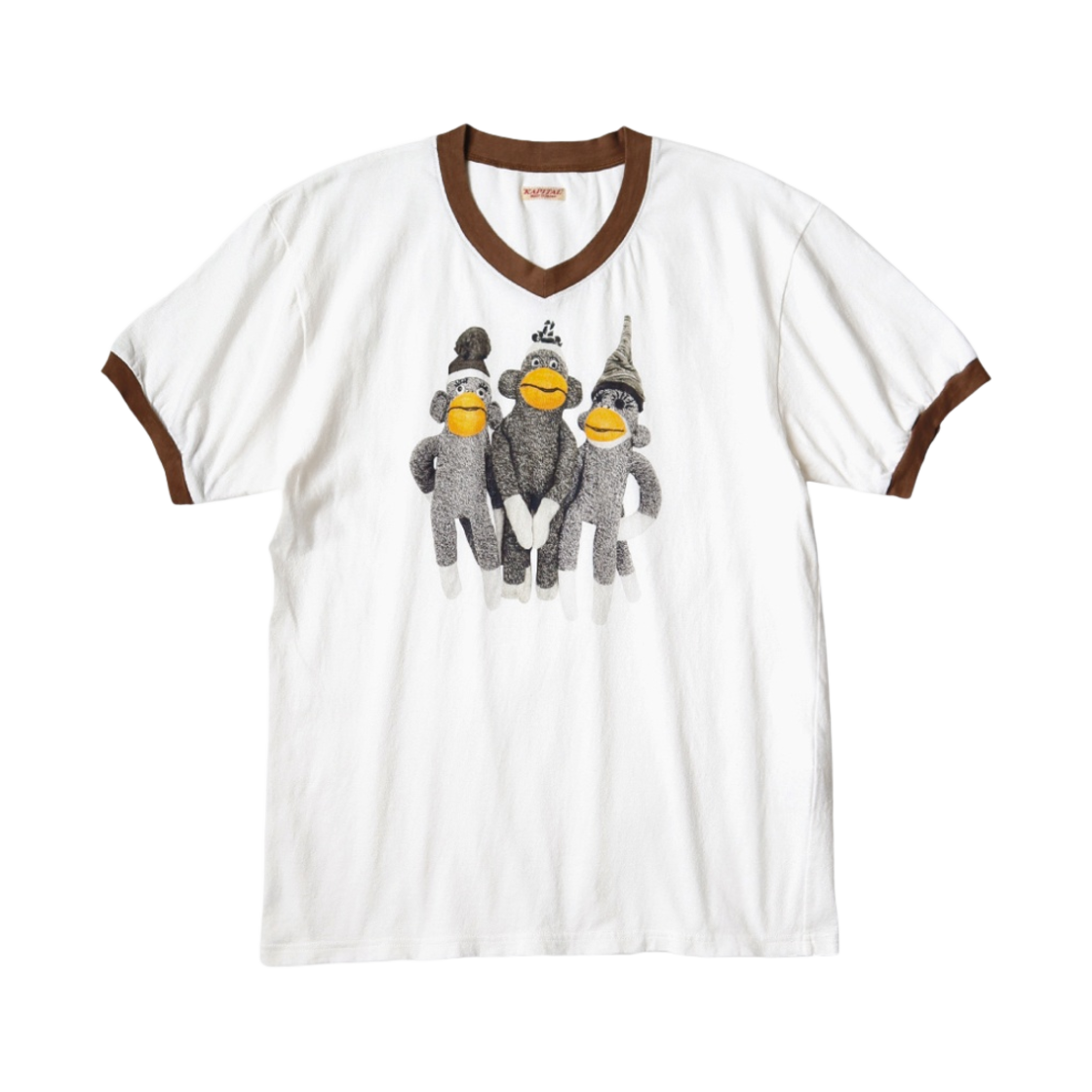 캐피탈 20 저지 브이넥 링거 티셔츠 몽키 아미고 Pt 화이트(Kapital 20 Jersey V-Neck Ringer T-Shirt Monkey Amigo Pt White) - 1