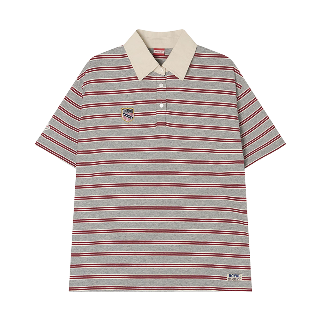 미나수 멀티스트라이프 럭비카라반팔티 레드그레이(Menasoo Multi Stripe Collar T Shirt Red Gray)