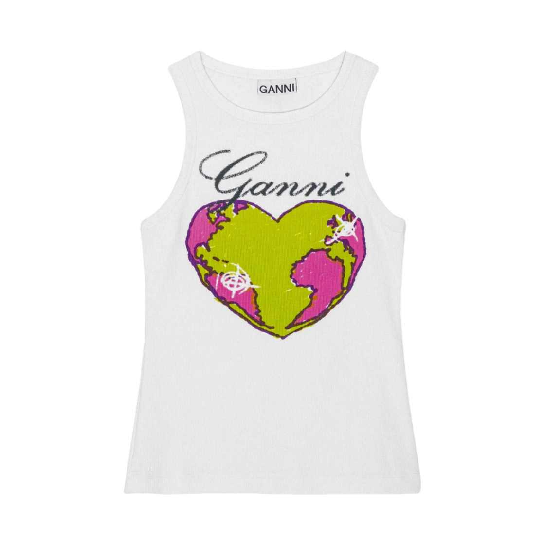 (W) 가니 그래픽 립 하트 탱크탑 브라이트 화이트((W) Ganni Graphic Rib Heart Tank Top Bright White)
