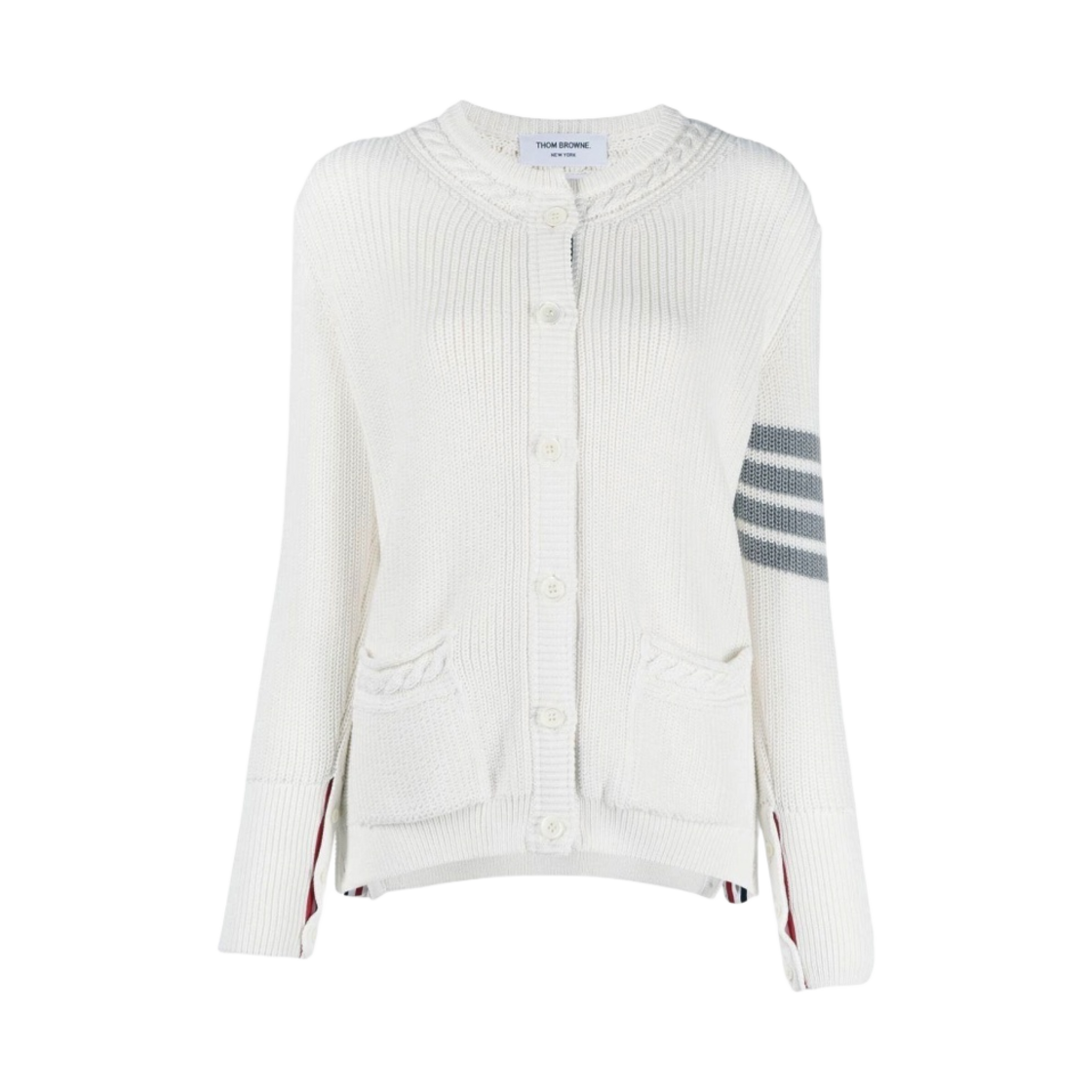 (W) 톰브라운 스티치 코튼 사선 크루넥 가디건 화이트((W) Thom Browne Stitch Cotton 4-Bar Crewneck Cardigan White) - 1