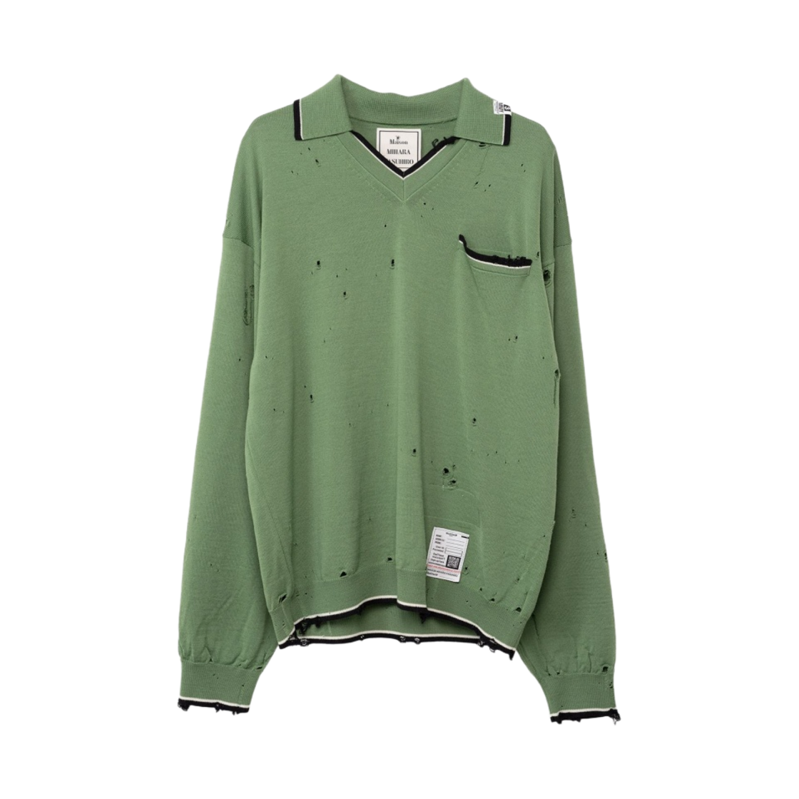 메종 미하라 야스히로 디스트레스드 니트 폴로 셔츠 그린(Maison Mihara Yasuhiro Distressed Knit Polo Shirt Green)
