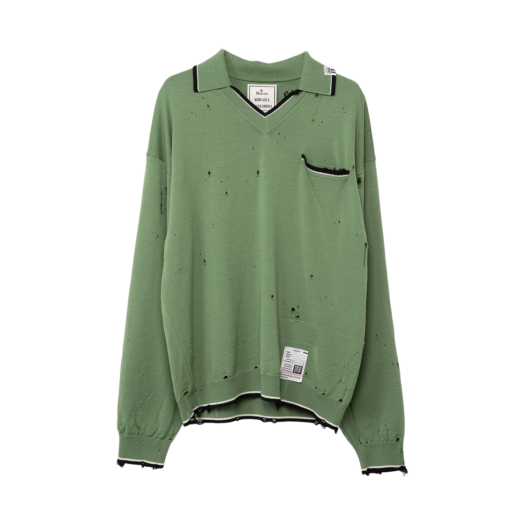 J11SW502-GREEN Maison Mihara Yasuhiro Distressed Knit Polo Shirt Green