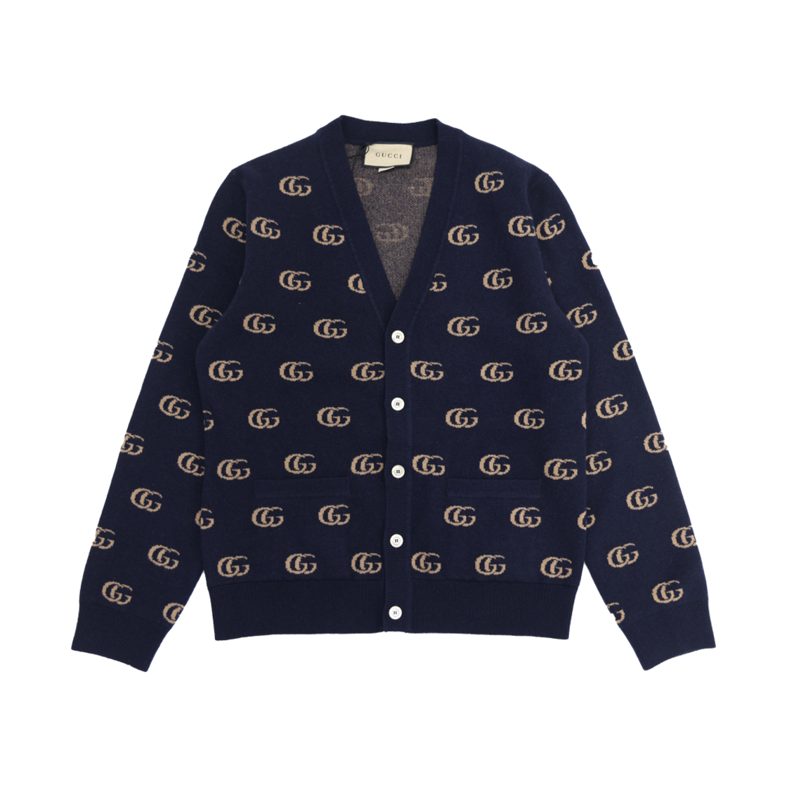 IT6375AKMNBL Gucci GG Knit Cashmere Jacquard Cardigan Blue Beige