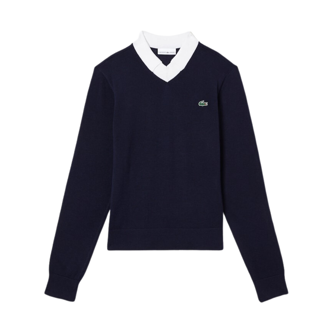 (W) 라코스테 크롭 스타일 폴로 스웨터 네이비 블루 화이트((W) Lacoste Crop Style Polo Sweater Navy Blue White) - 1