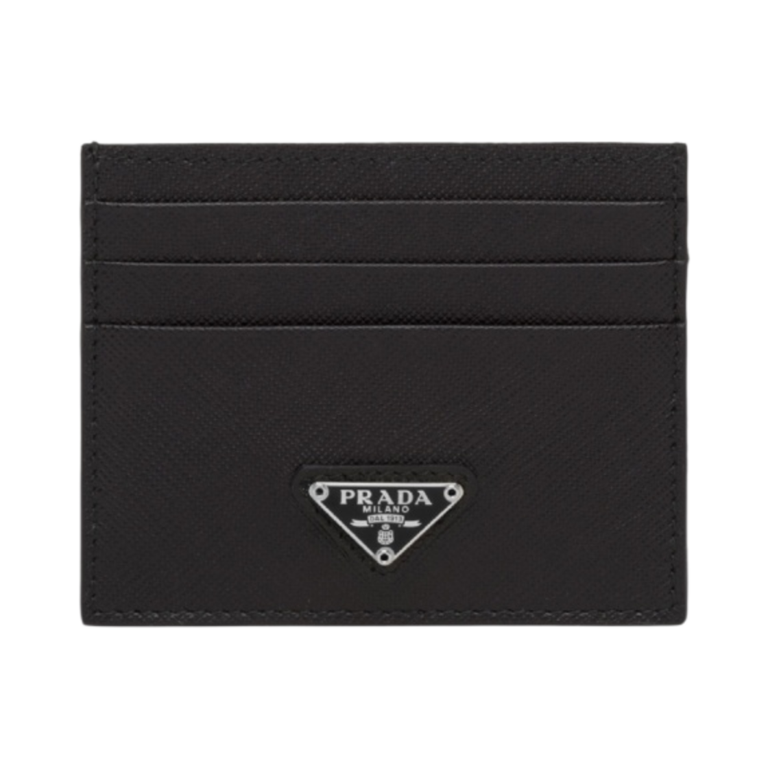 프라다 사피아노 레더 트라이앵글 로고 카드 지갑 블랙 실버(Prada Saffiano Leather Triangle Logo Card Holder Black Silver)