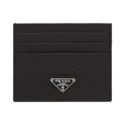 Prada Saffiano Leather Triangle Logo Card Holder Black Silver