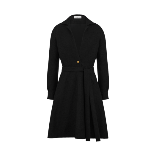 (W) Dior Virgin Wool and Cotton Boucle Blend Belted Flared Dress Black