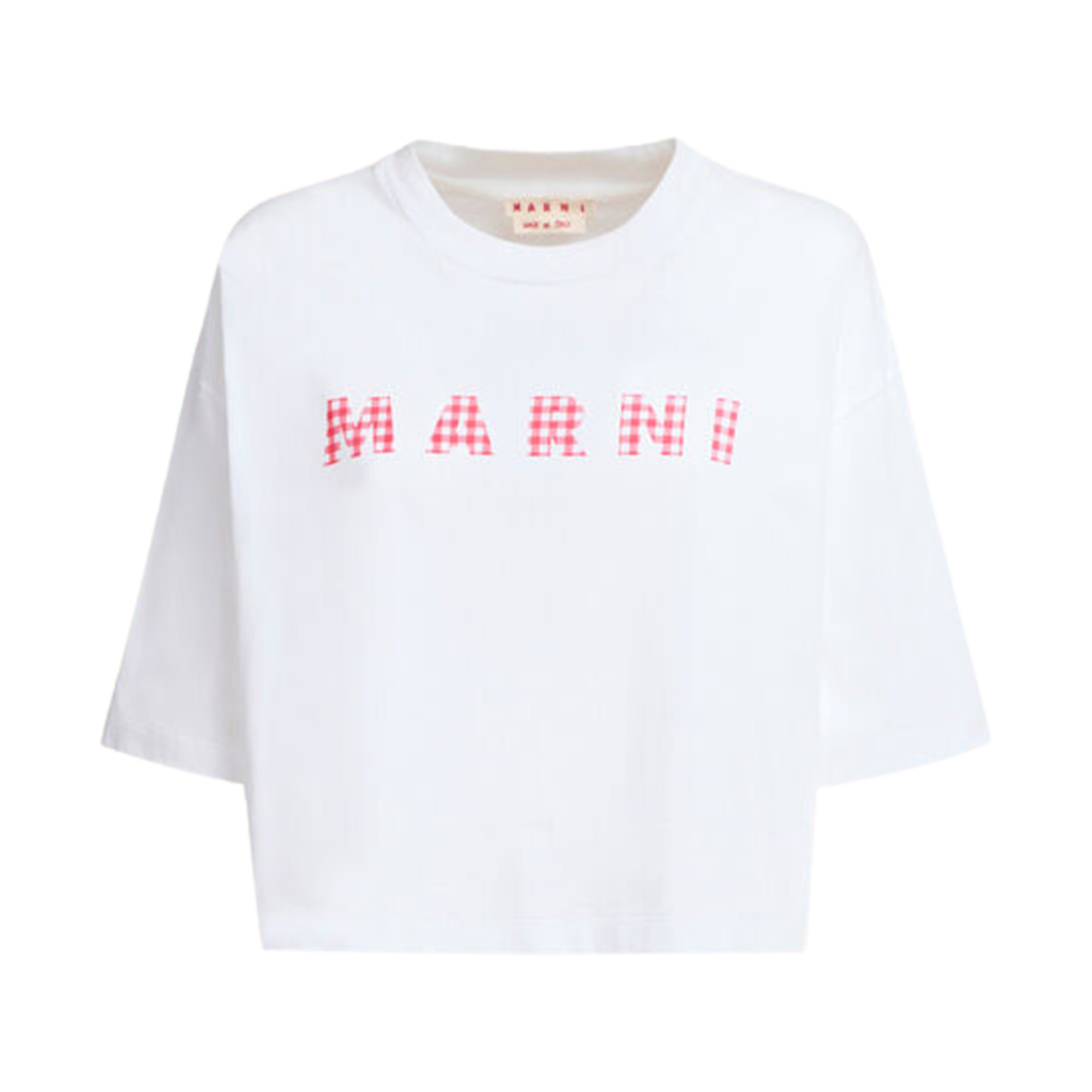 (W) 마르니 로고 디테일 저지 코튼 체크 티셔츠 릴리 화이트((W) Marni Logo Detail Jersey Cotton Check T-Shirt Lily White)