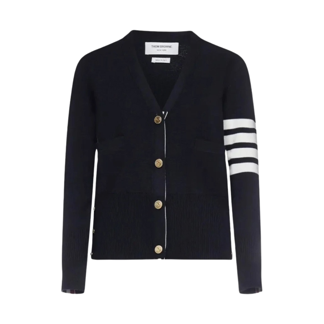 (W) 톰브라운 파인 메리노 울 밀라노 스티치 사선 클래식 브이넥 가디건 네이비((W) Thom Browne Fine Merino Wool Milano Stitch 4-Bar Classic V-Neck Cardigan Navy)
