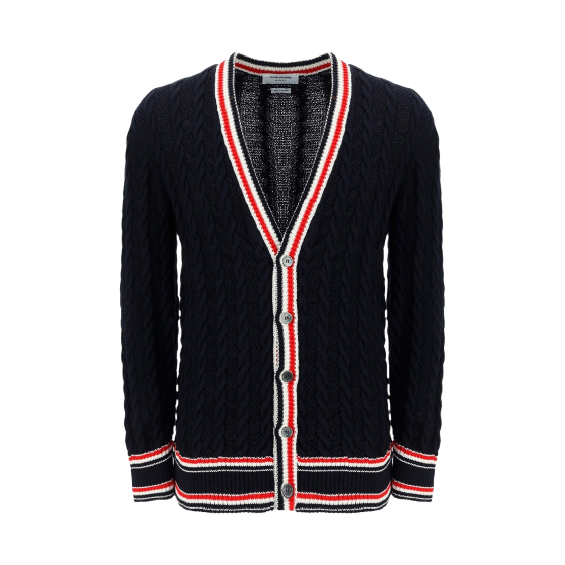 톰브라운 코튼 헤리티지 케이블 릴렉스 핏 RWB 브이넥 가디건 네이비(Thom Browne Cotton Heritage Cable Relaxed Fit RWB V-Neck Crdigan Navy) - 1
