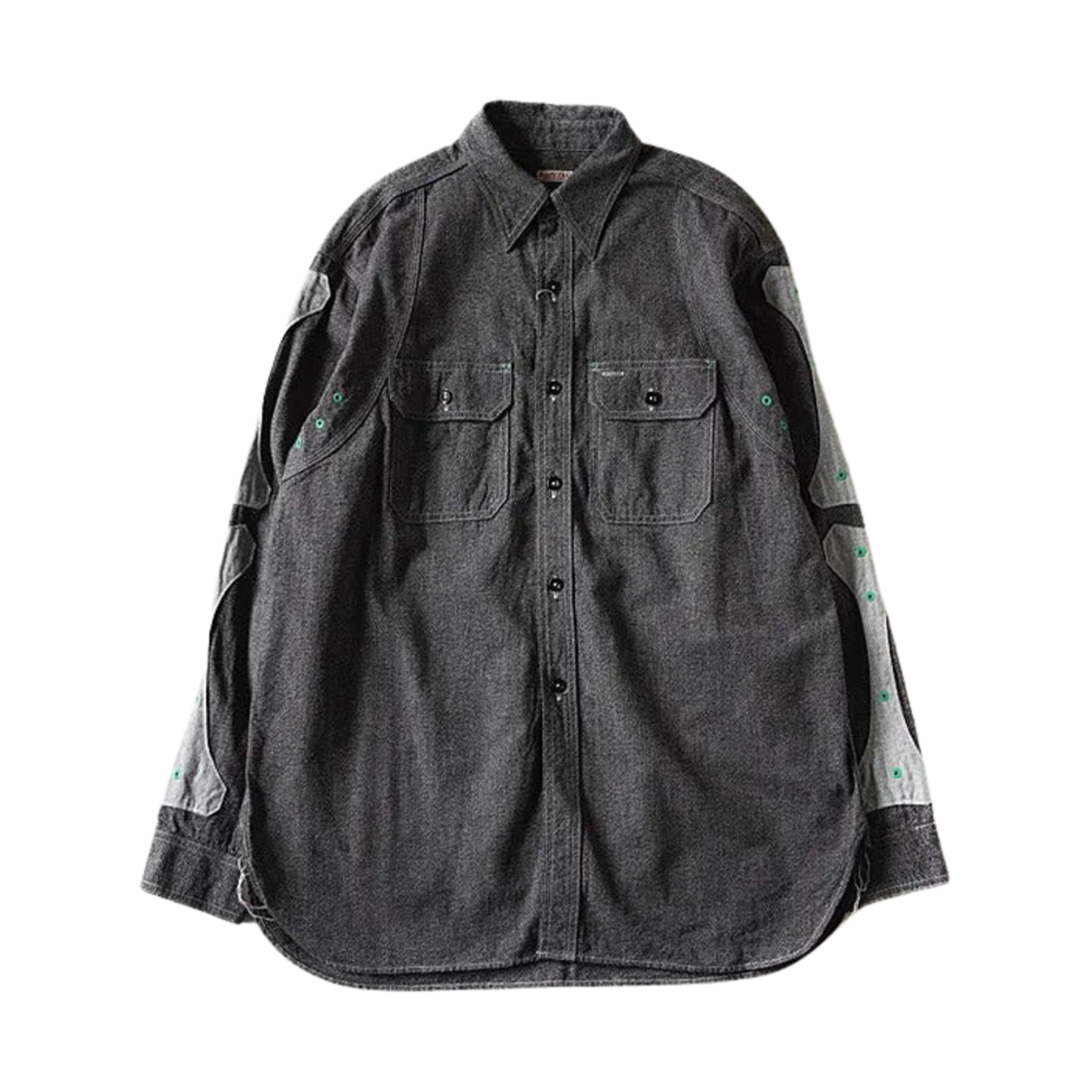 캐피탈 헤더 샴브레이 투톤 본 패치 벤틸레이터 워크 셔츠 차콜(Kapital Heather Chambray 2 Tone Bone Patch Ventilator Work Shirt Charcoal)