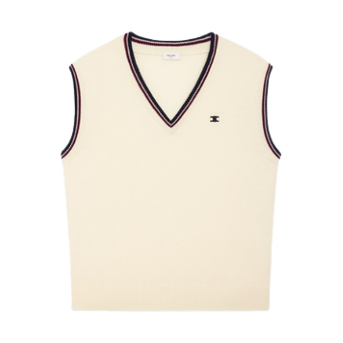 2ADCK823Y-FZV1 Celine Triomphe V-Neck Wool Sweater Vest Ecru Burgundy