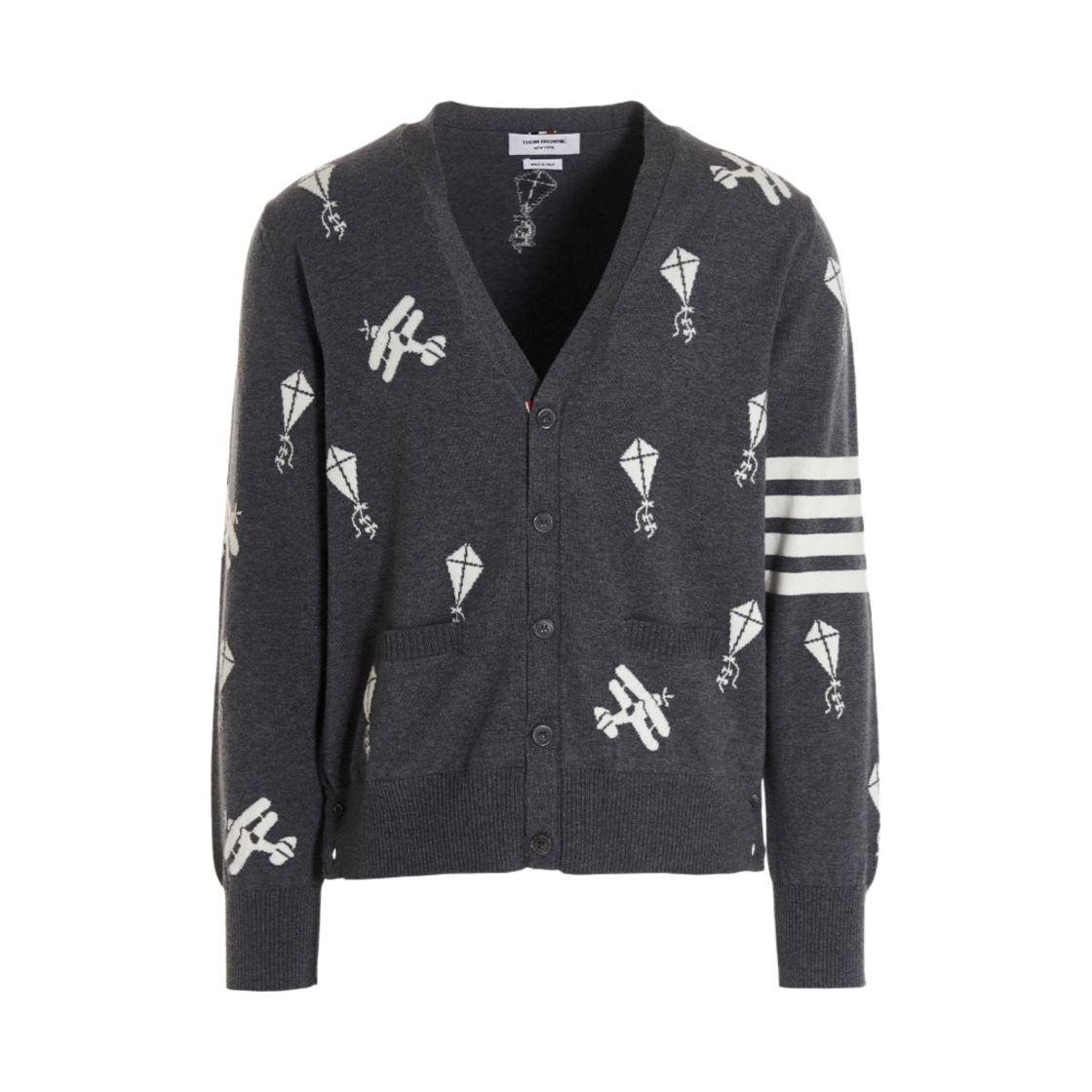 톰브라운 파인 메리노 울 하프 드롭 스카이 아이콘 사선 릴렉스 핏 가디건 미디움 그레이(Thom Browne Fine Merino Wool Half Drop Sky Icons 4-Bar Relaxed Fit Cardigan Medium Grey) - 1