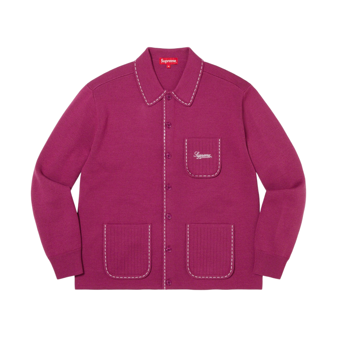 슈프림 콘트라스트 스티치 버튼 업 스웨터 푸시아 - 22FW(Supreme Contrast Stitch Button Up Sweater Fuchsia - 22FW) - 1