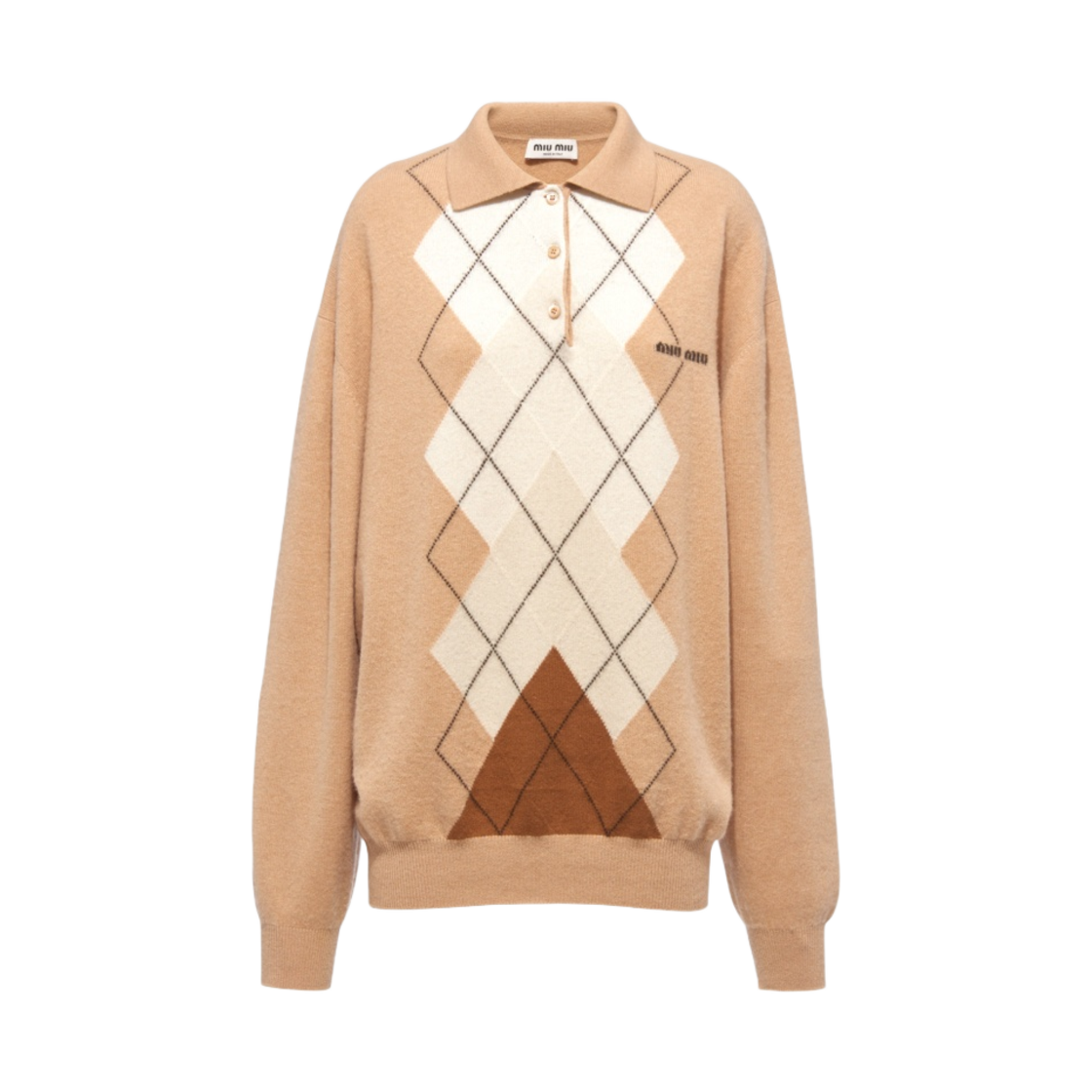 (W) 미우 미우 인타르시아 캐시미어 폴로 셔츠 카멜 브라운