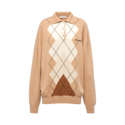(W) Miu Miu Intarsia Cashmere Polo Shirt Camel Brown