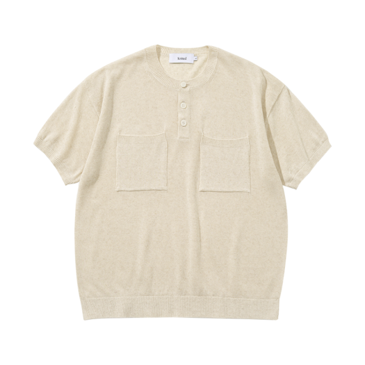 K25SSU16OT Knitted Linen Henley Neck Two Pocket Knit Oatmeal