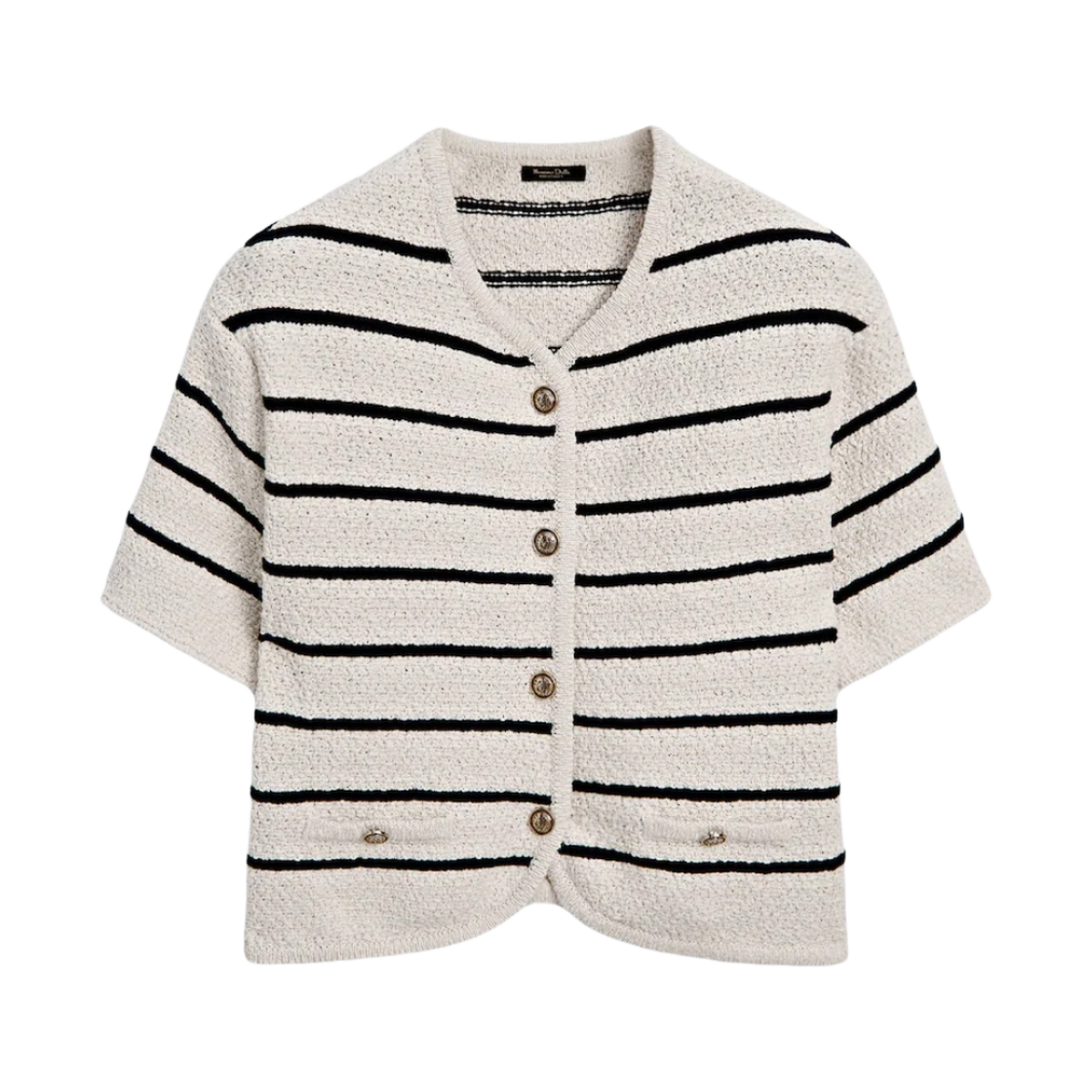 5646/615/712 Massimo Dutti Striped Short Sleeve Textured Knit Cardigan Cream