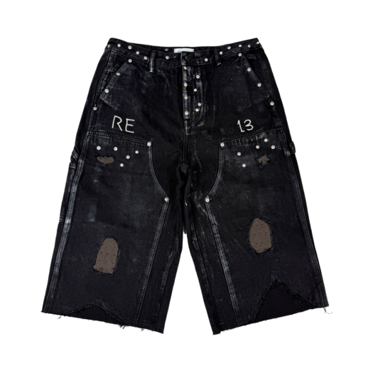 25-B004 Black Resurrection13 Painted Detail Double Knee Denim Shorts Black