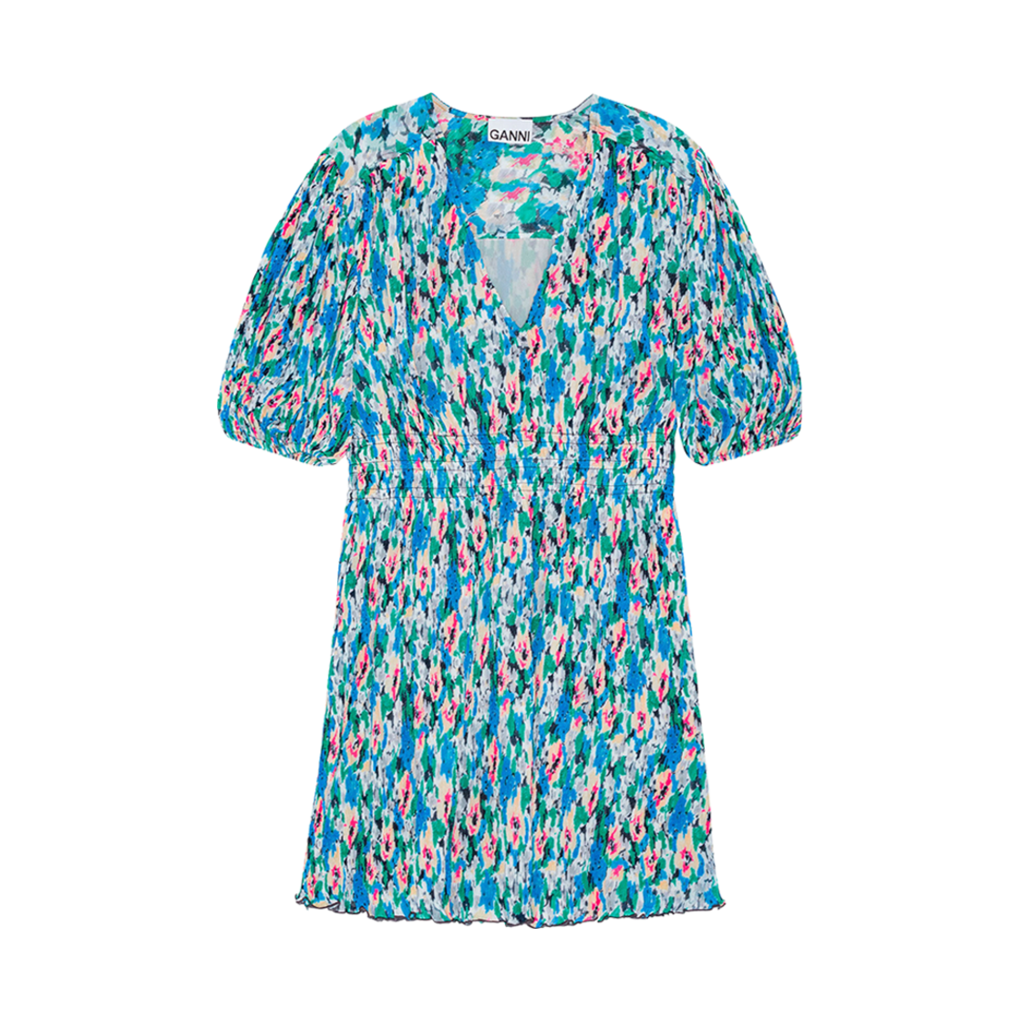 (W) 가니 플리츠 조지테 브이넥 미니 드레스 플로럴 아주르 블루((W) Ganni Pleated Georgette V-Neck Mini Dress Floral Azure Blue) - 1